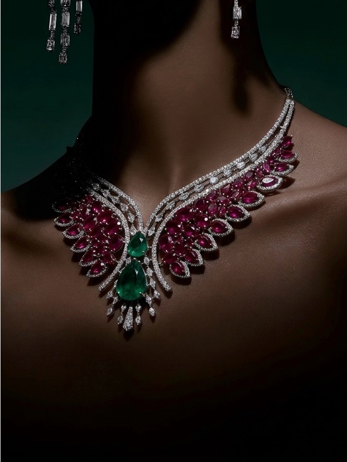 Luxurious Emerald And Ruby Tone Statement Necklace Set - Women Jewelry